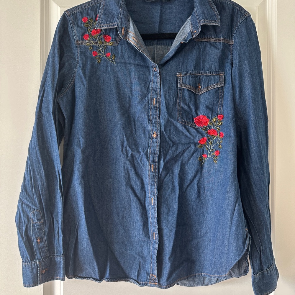 Zara Blue Button Down Shirt with Red Floral Embroidery